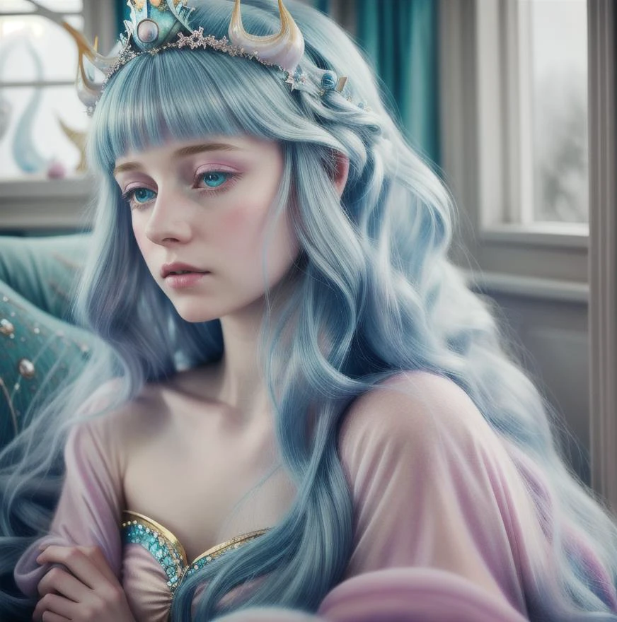 (Cinematic Photo:1.3) of (Realistic:1.3),(Cosy:1.3) Princess woman, Blue, Pastel, glitter, dramatic, dreamy, pastel, Watercolor, Whimsical, Delicate, seashell crown, (Photorealism:1.3),(Classical Realism:1.3)