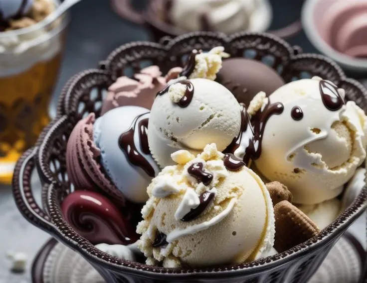 ice cream, intricate detail ,dark background , HD. Photography