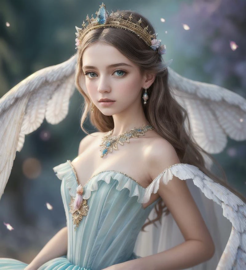a photography, HD,, photo, woman, beautiful dress ornate, in the style of stefan kostic, realistic, half body shot, sharp focus, 8 k high definition, insanely detailed, intricate, elegant, art by stanley lau and artgerm, extreme blur flames background, Princess girl with wing, Blue, Pastel, glitter, dramatic, dreamy, pastel, Watercolor, Whimsical, Delicate, seashell crown, Trending on Artstation, Highly detailed, Intricate, Portrait, digital painting, Fantasy theme, Fantasy robes, Fantasy concept art, Fantasy character art, Smug, age girl, perfect body, full body, dreamy, pastel, Watercolor, Whimsical, Delicate, seashell crown masterpiece,