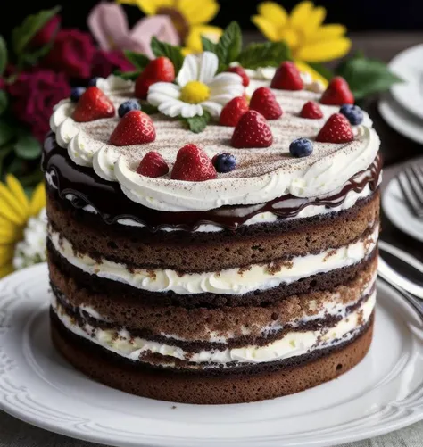 Cake, tiramisu , flowers , fruit, cream, intricate detail ,dark background , HD. Photography