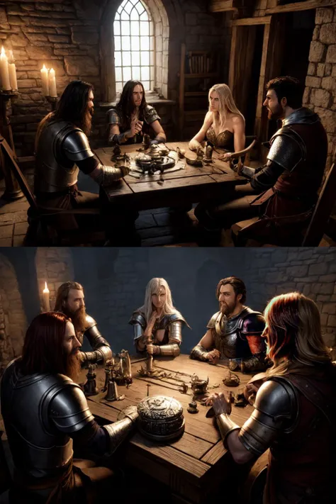 dungeon adventurers sitting around a table, arguing over the treasure. paladin, wizard, thief, sorceress. cinematic volumetric light. highly detailed faces, eyes, hair.