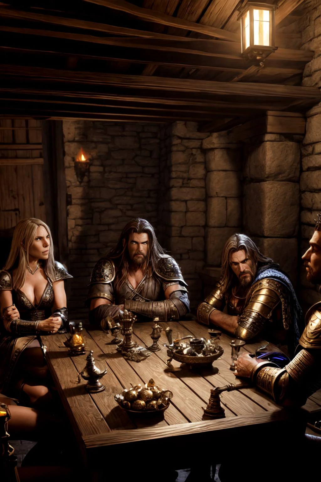 dungeon adventurers sitting around a table, arguing over the treasure. paladin, wizard, thief, sorceress. cinematic volumetric light. highly detailed faces, eyes, hair.
