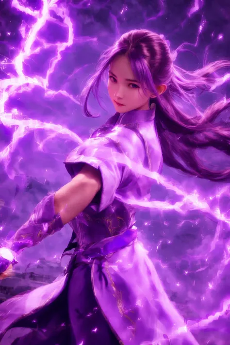 purple-lightning-aura,using purple-lightning-magic,purple-lightning-magic,ancient-costume,dancing,fighting stance,1girl,solo,long hair,brown hair,<lora:magic_fighting_purple_512_dreamshaper_8:0.8>,