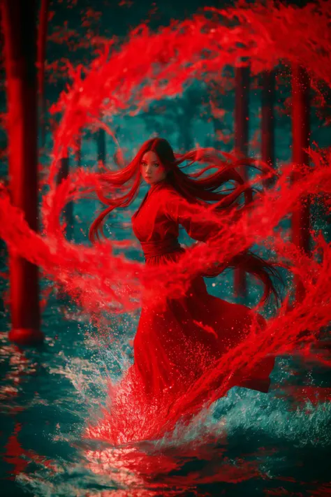 dancing,fighting stance,red-water-aura,using red-water-magic,red-water-magic,1girl,solo,long hair,blue eyes,common face,full body,<lora:magic_fighting_red_512_dreamshaper_8_2:0.8>,