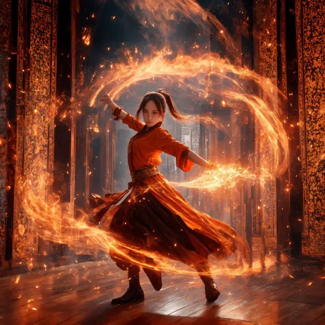 orang-aura,using orang-magic,orang-magic,ancient-costume,dancing,solo,1girl,fire,long hair,ponytail,<lora:magic_fighting_768:0.8>,