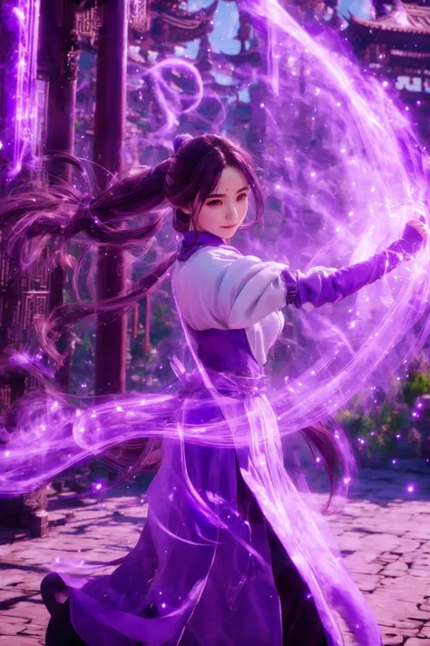 purple-aura,using purple-magic,purple-magic,ancient-costume,dancing,fighting stance,1girl,solo,long hair,brown hair,<lora:magic_fighting_purple_512_dreamshaper_8:0.8>,