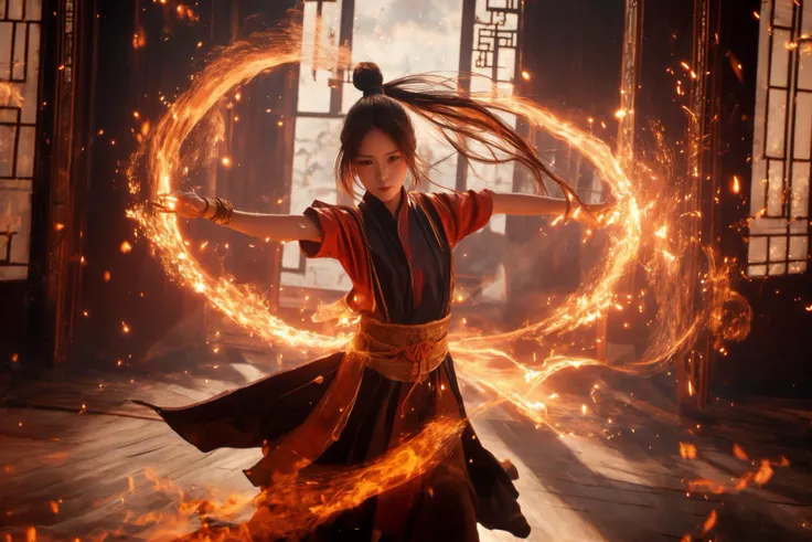 orang-aura,using orang-magic,orang-magic,ancient-costume,dancing,solo,1girl,fire,long hair,ponytail,<lora:magic_fighting_768:0.8>,