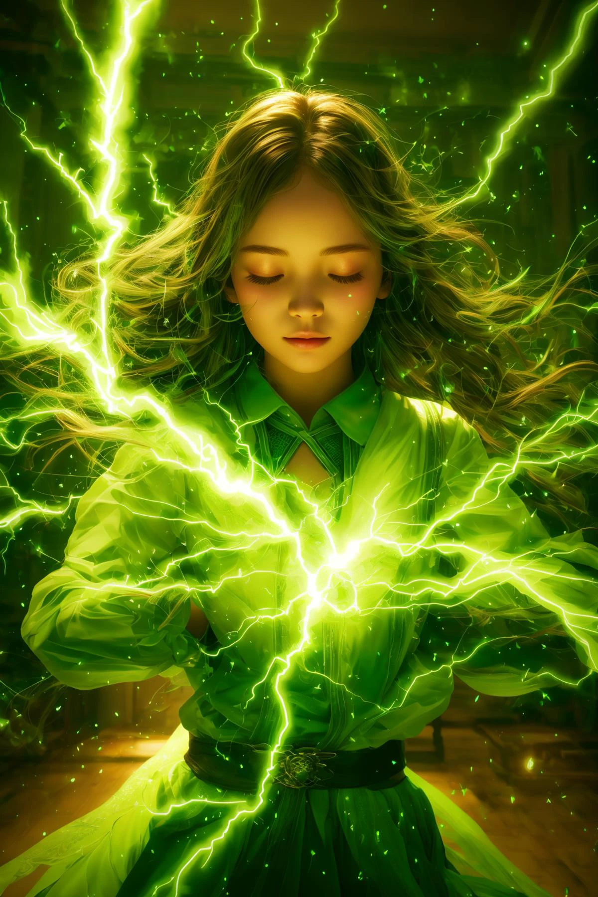 green-aura,green-magic,using green-lightning-magic,green-lightning-magic,green-lightning-aura,1girl,solo,closed eyes,brown hair,indoors,glowing,facing viewer,<lora:magic_fighting_green_512_dreamshaper_8_2:0.8>,