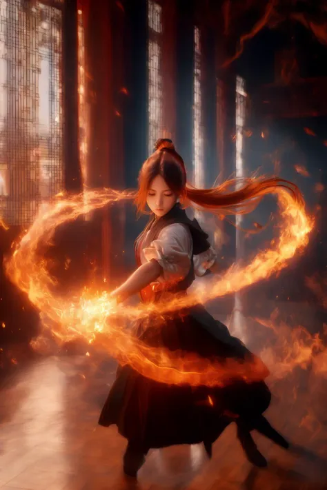 orang-aura,using orang-magic,orang-magic,ancient-costume,dancing,solo,1girl,fire,long hair,ponytail,<lora:magic_fighting_768:0.8>,