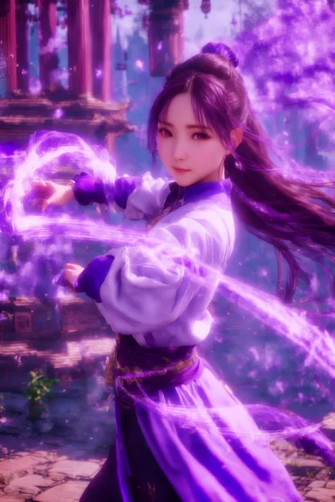 purple-aura,using purple-magic,purple-magic,ancient-costume,dancing,fighting stance,1girl,solo,long hair,brown hair,<lora:magic_fighting_purple_512_dreamshaper_8:0.8>,