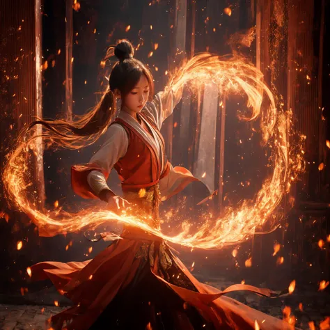 orang-aura,using orang-magic,orang-magic,ancient-costume,dancing,solo,1girl,fire,long hair,ponytail,<lora:magic_fighting_768:0.8>,