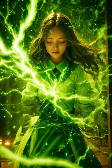green-aura,green-magic,using green-lightning-magic,green-lightning-magic,green-lightning-aura,1girl,solo,closed eyes,brown hair,indoors,glowing,facing viewer,<lora:magic_fighting_green_512_dreamshaper_8_2:0.8>,
