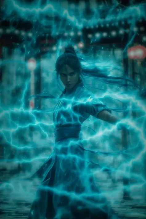 fighting stance,dancing,ancient-costume,cyan-aura,using cyan-lightning-magic,cyan-lightning-magic,using cyan-magic,cyan-magic,1girl,solo,long hair,blue eyes,<lora:magic_fighting_cyan_512_dreamshaper_8_3:1>,