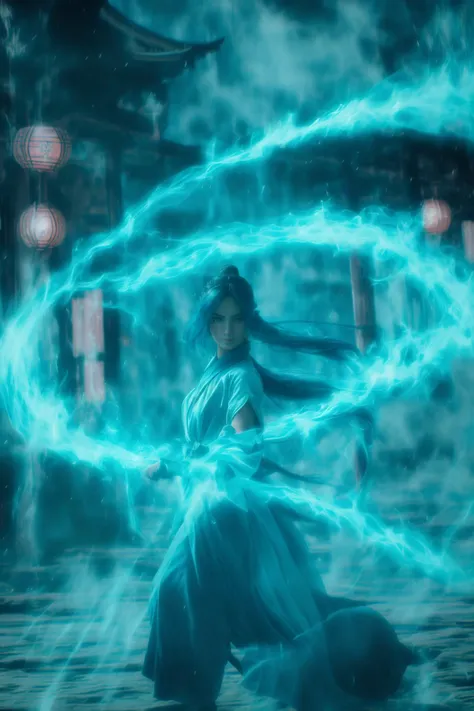 fighting stance,dancing,ancient-costume,cyan-aura,using cyan-magic,cyan-magic,1girl,solo,long hair,blue eyes,<lora:magic_fighting_cyan_512_dreamshaper_8_3:1:lbw=test>,