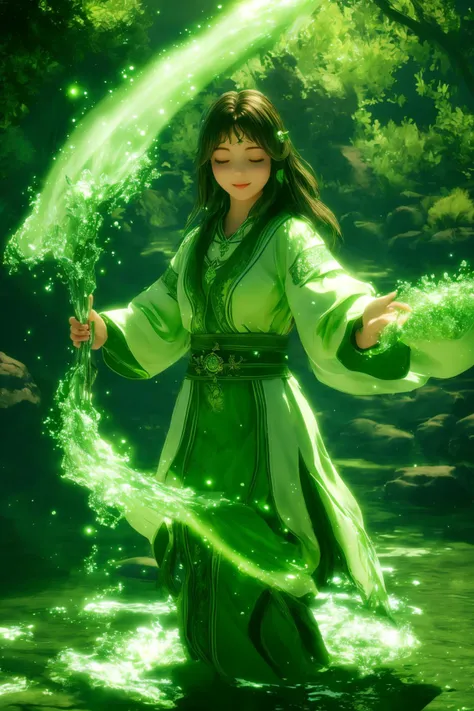 green-aura,green-magic,using green-water-magic,green-water-magic,green-water-aura,1girl,solo,closed eyes,brown hair,indoors,glowing,facing viewer,<lora:magic_fighting_green_512_dreamshaper_8_2:0.8>,