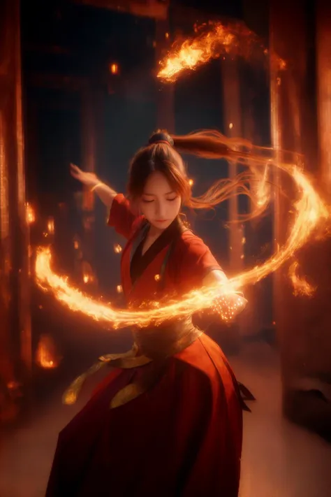 orang-aura,using orang-magic,orang-magic,ancient-costume,dancing,solo,1girl,fire,long hair,ponytail,<lora:magic_fighting_768:0.8>,