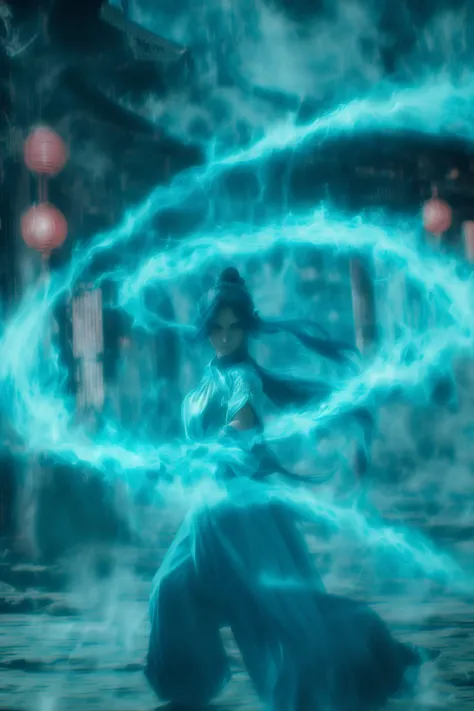 fighting stance,dancing,ancient-costume,cyan-aura,using cyan-magic,cyan-magic,1girl,solo,long hair,blue eyes,<lora:magic_fighting_cyan_512_dreamshaper_8_3:1:lbw=test>,