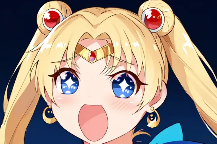 best quality, professional lighting, super detailed, realistic, beautiful detailed eyes,<lora:âª Ï âª:1> âª Ï âª, open mouth, sparkling eyes, symbol-shaped pupils, +_+ , no nose <lora:sailor_moon_v1:0.6> aausagi,blonde hair, double bun, twintails, parted bangs, circlet, jewelry, earrings, choker, red bow, white gloves, elbow gloves, blue skirt,hair ornament,leotard