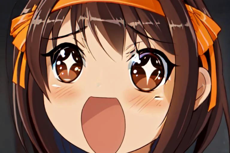 best quality, professional lighting, super detailed, realistic, beautiful detailed eyes,<lora:âª Ï âª:1> âª Ï âª, open mouth, sparkling eyes, symbol-shaped pupils, +_+ , no nose <lora:12:0.8> suzumiya haruhi, kita high school uniform, ribbon, orange hairband