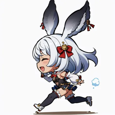 masterpiece, best quality, <lora:spgbfMakura-12:0.9> makuradef, rabbit ears, hair bow, black leotard, frills, detached sleeves, white thighhighs, running, from side, :D, closed eyes <lora:DarkCabalChibiStyle:1> chibi, white background, simple background