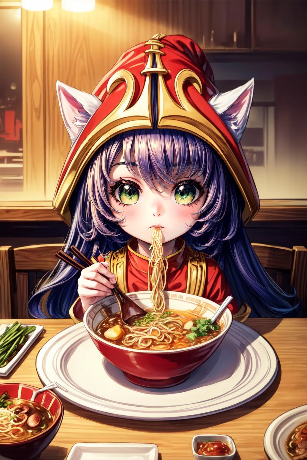 (masterpiece, best quality), intricate details,
1girl, <lora:Lulu:0.8> Lulu, <lora:ramen_v1.4:0.8> ramen, chopsticks, eating, sitting at table, restaurant,