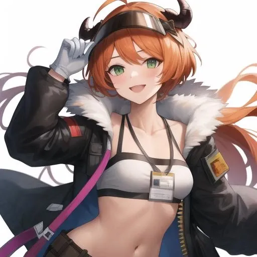 (masterpiece, best quality:1.2),absurdres,highres,1girl,solo,upper body,croissant (arknights),ahoge,bandeau,bangs,bare legs,belt,black jacket,black shorts,boots,fur-trimmed jacket,fur trim,green eyes,horns,id card,long hair,long sleeves,looking at viewer,midriff,navel,open jacket,orange hair,small breasts,smile,spaghetti strap,stomach,swept bangs,visor cap,white gloves,<lora:Croissant(ark)>,