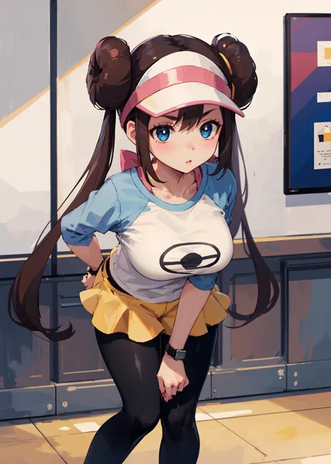 masterpiece, best quality, highres, ro1, hair bun, blue eyes, twintails, visor cap, pantyhose, raglan sleeves, yellow shorts, shirt, pink bow, wristwatch, <lora:rosa_(pokemon)_v10:0.7>, standing, leaning forward, cafe