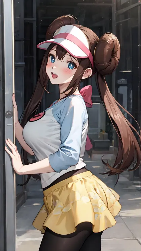 lumen reflections, natural lighting, evocative, triadic color scheme, cowboy shot, elegant, voluptuous:0.6, looking at viewer, 1girl, female, solo, blush, open mouth, smile, teeth, sfw, <lora:rosa_(pokemon)_v10:1>, ro1, hair bun, blue eyes, twintails, visor cap, pantyhose, raglan sleeves, yellow shorts, shirt, pink bow, wristwatch