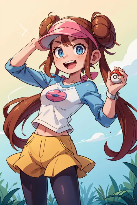 ((best quality, masterpiece)), ((style-swirlmagic):0.2),
1girl, hair bun, blue eyes, twintails, visor cap, pantyhose, raglan sleeves, yellow shorts, shirt, pink bow, wristwatch,, standing, cowboy shot, field, poke ball \(basic\), smile, open mouth,
<lora:more_details:0.3>, <lora:rosa_(pokemon)_v10:0.6>