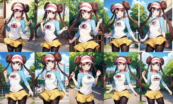 masterpiece, best quality, highres, ro1, hair bun, blue eyes, twintails, visor cap, pantyhose, raglan sleeves, yellow shorts, shirt, pink bow, <lora:rosa_(pokemon)_v10:0.7>, standing, cowboy shot, outdoors