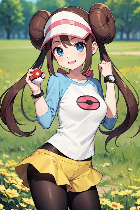 masterpiece, best quality, highres, ro1, hair bun, blue eyes, twintails, visor cap, pantyhose, raglan sleeves, yellow shorts, shirt, pink bow, wristwatch, <lora:rosa_(pokemon)_v10:0.6>, standing, cowboy shot, field, poke ball \(basic\), smile