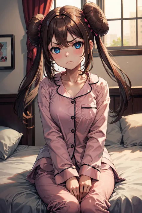 masterpiece,best quality,1girl,ro1,hair bun,blue eyes,twintails,pink pajamas,bedroom,sleepy,light frown,<lora:rosa_(pokemon)_v10:0.7>,