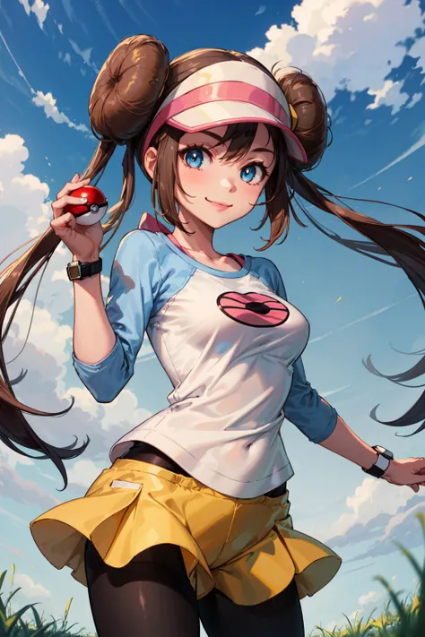 masterpiece,best quality,1girl,ro1,hair bun,blue eyes,twintails,visor cap,pantyhose,raglan sleeves,yellow shorts,shirt,pink bow,wristwatch,smile,grass,holding poke ball,<lora:rosa_(pokemon)_v10:0.7>,