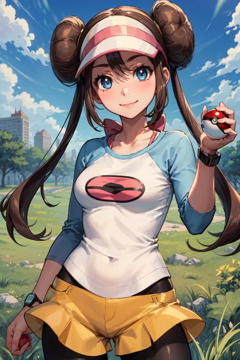 masterpiece,best quality,1girl,ro1,hair bun,blue eyes,twintails,visor cap,pantyhose,raglan sleeves,yellow shorts,shirt,pink bow,wristwatch,smile,grass,holding poke ball,<lora:rosa_(pokemon)_v10:0.7>,