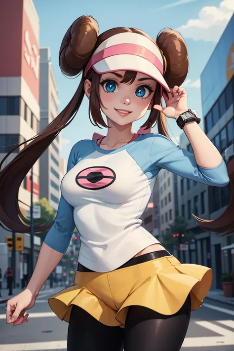 ((masterpiece,best quality)), absurdres,  <lora:rosa_(pokemon)_v10:0.8>, 
 ro1, hair bun, blue eyes, twintails, visor cap, pantyhose, raglan sleeves, yellow shorts, shirt, pink bow, wristwatch,
 solo, smiling, looking at viewer, cowboy shot, cinematic composition, dynamic pose, modern city, city street,