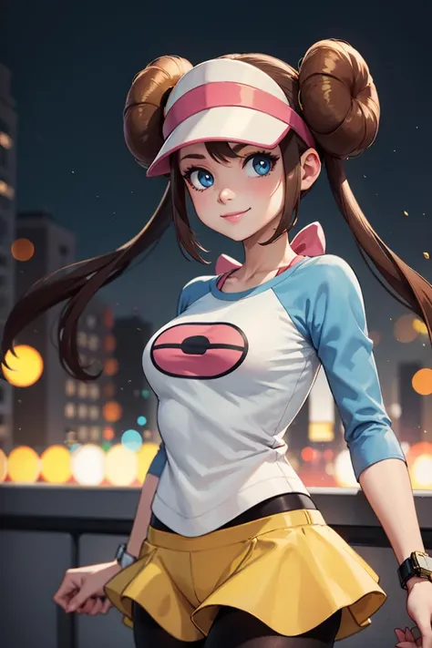 centered, award winning upper body portrait, cowboy shot, (looking at viewer:1.2), | solo, standing, smile,  ro1, hair bun, blue eyes, twintails, visor cap, pantyhose, raglan sleeves, yellow shorts, shirt, pink bow, wristwatch,, | city, urban scenery, city lights,| bokeh, depth of field, cinematic composition, |  dynamic pose,  <lora:rosa_(pokemon)_v10:0.8>,