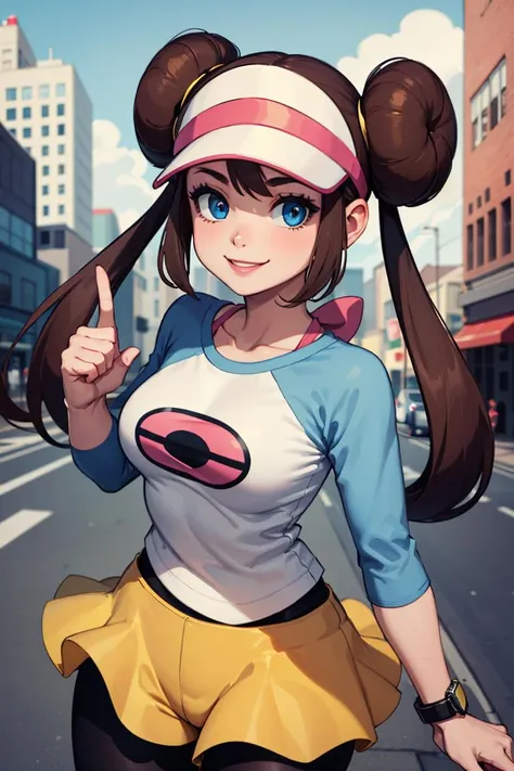 ((masterpiece,best quality)), absurdres,  <lora:rosa_(pokemon)_v10:0.8>, 
 ro1, hair bun, blue eyes, twintails, visor cap, pantyhose, raglan sleeves, yellow shorts, shirt, pink bow, wristwatch,
 solo, smiling, looking at viewer, cowboy shot, cinematic composition, dynamic pose, modern city, city street,