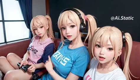 (3girls), gamer girls, arms raised, laughing, excited, happy, aegyo, peace sign, close up, waving hello,mouth fully open, mouth open wide, fully dressed, sfw,
