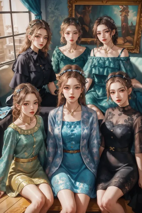 8k,highres,absurdres,masterpiece,best quality,original,extremely detailed CG,extremely detailed wallpaper,perfect lighting,<lyco:GoodHands-beta2:1>,
6+girls,looking_at_viewer,group picture,multiple girls,
<lora:CLSET+FantasyClothes-COL:0.8>,