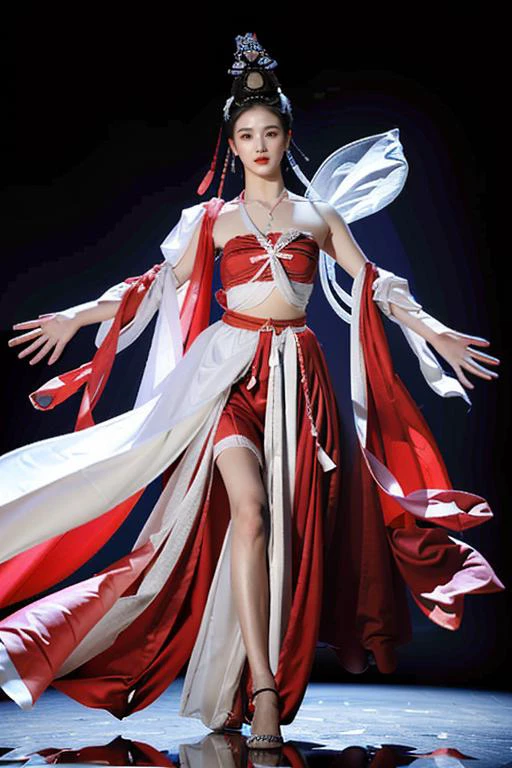 (goddess-like, hot and cute girl,flirtatious ,seductive:1.4),(RAW photo:1.2),(photorealistic:1.6),(lens 135mm,f1.8:1.2),(ultimate quality, masterpiece:1.3),(intricate details:1.2),(detailed face:1.2),dramatic,ray tracing,fashion photograph,fFaceDetail,Full body,<lora:PerfectBreastsV4-offset:0.3:lbw=BODY>,<lora:Better hands loRA:0.6:lbw=HAND>,<lora:goodhands_Beta_Gtonero:0.5:lbw=HAND>,good hands,(nsfw),Sharp focus,cinematic lighting,
<lora:å¼µå«é»ZhangHanYun_v20:0.8:lbw=FACE>,,
<lora:dunhuangflyingclothesV10:1:lbw=CLOTHING>,(dunhuang,floating,flying,clothes,Chinese Dunhuang Flying Fairy,floating clothes,floating flower,pov legs,thighs,dunhuang cloths,hanfu,waist cape,strapless,navel,robe:1.2),<lora:zanhua_v1:0.5>,zanhua,<lora:dancer:0.65:lbw=POSE>,dancing,,
(1girl, solo,catwalk,runway:1.6),confident smile,beautful face,(medium breasts, narrow waist:1.2),sexy body,perfect body,shiny hairs,hair ornament,earrings,necklace,jewelry,confident,showcasing,buzzing atmosphere,
(anatomically correct hands:1.5),(anatomically correct feet:1.5),(elegant hands:1.4),