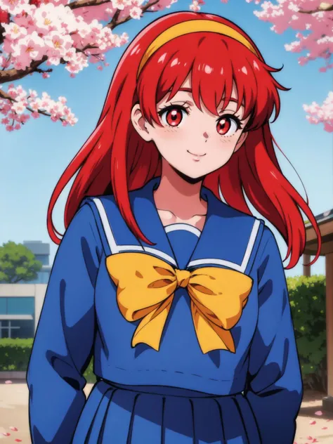 fujisaki shiori under sakura tree, 90s, (beautiful detailed eyes:1.3), detailed face, deep shadows, long hair, hairband, red hair, (red eyes:1.2), shiny hair, yellow hairband, school uniform, yellow bow, blue skirt, sailor collar, bow, pleated skirt, blue serafuku, blue sailor collar, long sleeves, smile, happy, <lora:shiori_v2_locon:0.8>
