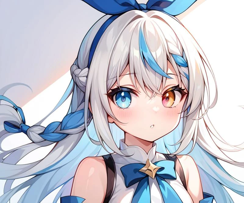 score_9,score_8_up,score_7_up,score_6_up,score_5_up,score_4_up,source_anime,rating_safe,heterochromia,multicolored hair,streaked hair,masterpiece,ultra-detailed,best quality,8K,illustration,cute face,clean skin,shiny hair,girl,ultra-detailed-eyes,simple background,<lora:add-detail-xl:1>,<lora:hair ribbon braid_XL_V1.0:0.6>,hair ribbon braid,hair ribbon,blue ribbon,
