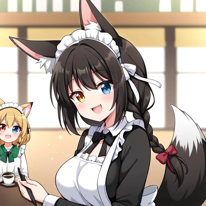 one girl,grind the beans and brew the coffee like a barista,at old fashioned cafe counter,smiling,long sleeve maid clothings,close up,from the side,portrait,shallow depth of field,masterpiece,best quality,ultra-detailed,family friendly,heterochromia,aged up,fox ears,fox tail,cat ears,cat tail,dog ears,dog tail,bunny ears,bunny tail,animal ears,animal ear fluff,animal tail,braid,<lyco:hair ribbon braid_XL_V1.0:0.6>,ribbon,hair ribbon,