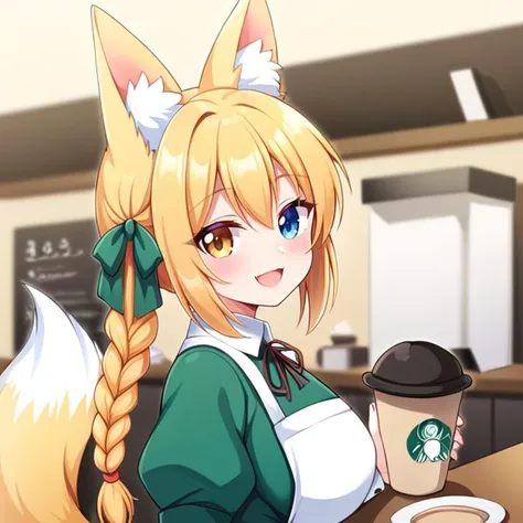 one girl,grind the beans and brew the coffee like a barista,at old fashioned cafe counter,smiling,long sleeve maid clothings,close up,from the side,portrait,shallow depth of field,masterpiece,best quality,ultra-detailed,family friendly,heterochromia,aged up,fox ears,fox tail,cat ears,cat tail,dog ears,dog tail,bunny ears,bunny tail,animal ears,animal ear fluff,animal tail,braid,<lyco:hair ribbon braid_XL_V1.0:0.6>,ribbon,hair ribbon,