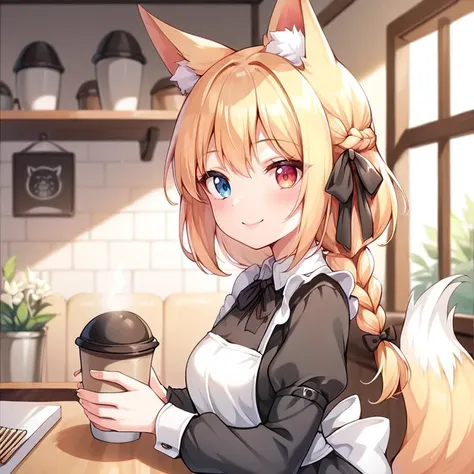 score_9,score_8_up,score_7_up,score_6_up,score_5_up,score_4_up,source_anime,rating_safe,one girl,grind the beans and brew the coffee like a barista,at old fashioned cafe counter,smiling,long sleeve maid clothings,close up,from the side,portrait,shallow depth of field,masterpiece,best quality,ultra-detailed,family friendly,heterochromia,aged up,fox ears,fox tail,cat ears,cat tail,dog ears,dog tail,bunny ears,bunny tail,animal ears,animal ear fluff,animal tail,braid,<lyco:hair ribbon braid_XL_V1.0:0.6>,ribbon,hair ribbon,