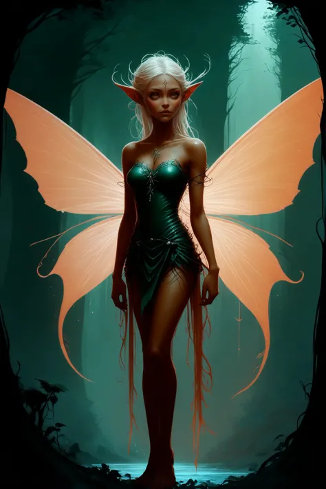 啎䥃佄䔀deep dark, digital painting, epic fantasy, Elven Grove, a creature called skinny chitterfairy<lora:EnvyStarlightDeepDark01:1.0>