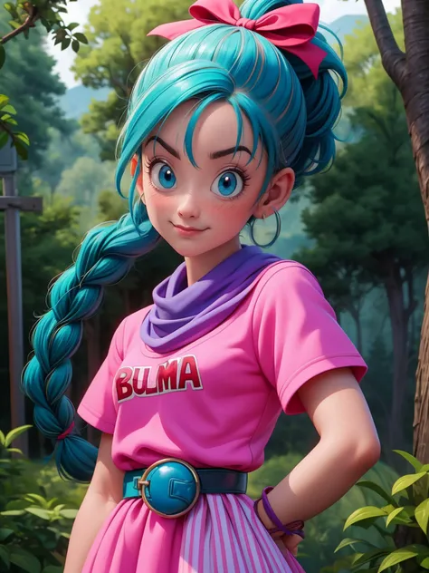 bulma, 1girl, solo, blue eyes, blue hair, aqua hair, single braid, braided ponytail, hair ribbon, red ribbon, hair bow, earrings, short dress, pink dress, vertical-striped dress, short sleeves, belt, clothes writing, purple scarf, smile,closed mouth,upper body, forest,outdoor, (insanely detailed, beautiful detailed face, masterpiece, best quality) cinematic lighting,<lora:DB_Bulma_v1:1>, <lora:more_details:0.5>