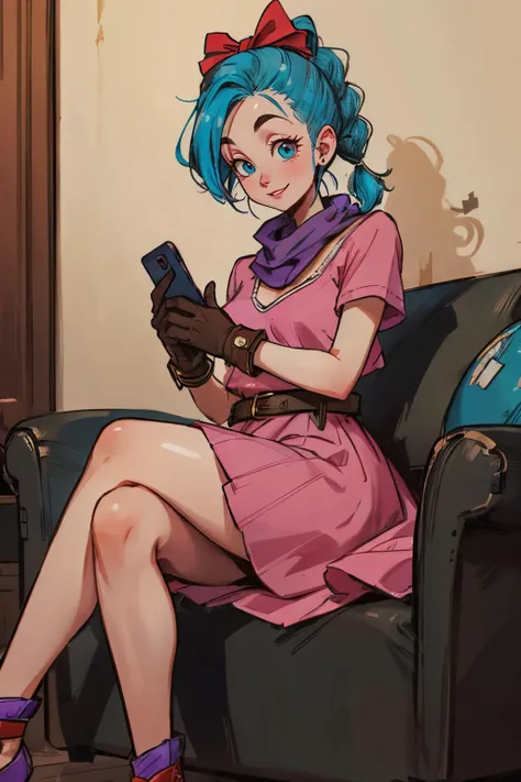 bulma, blue eyes, blue hair, braid, red hair bow, pink dress, clothes writing, purple scarf, belt, gloves, looking at viewer, smiling, sitting, on sofa, legs crossed, holding cell phone, inside fancy living room, high quality, masterpiece, <lora:DB_Bulma_v1:.8>