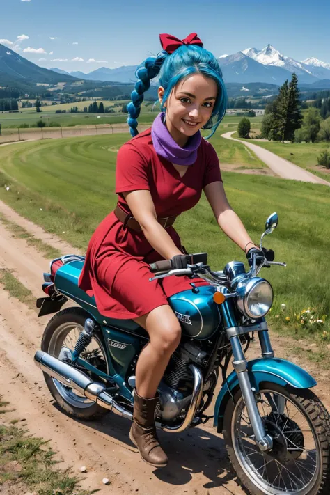 bulma, blue eyes, blue hair, braid, red hair bow, pink dress, purple scarf, clothes writing, belt, gloves, looking at viewer, serious, smiling, riding motorcycle, dirt path, field, mountains, sunny, high quality, masterpiece, <lora:DB_Bulma_v1:.8>