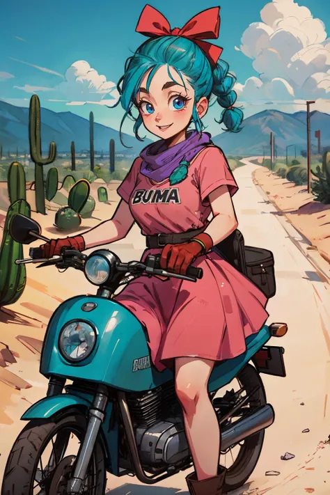 bulma, blue eyes, blue hair, braid, red hair bow, pink dress, purple scarf, clothes writing, belt, gloves, looking at viewer, smiling, happy, riding motorcycle, outside, desert, road, cactus, sunny, high quality, masterpiece, <lora:DB_Bulma_v1:.8>